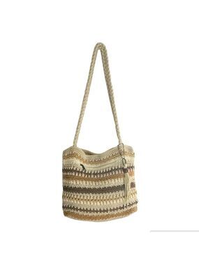 Croft & Barrow Crocheted Sling Shoulder Bag Boho Neutral Stripe Tassel